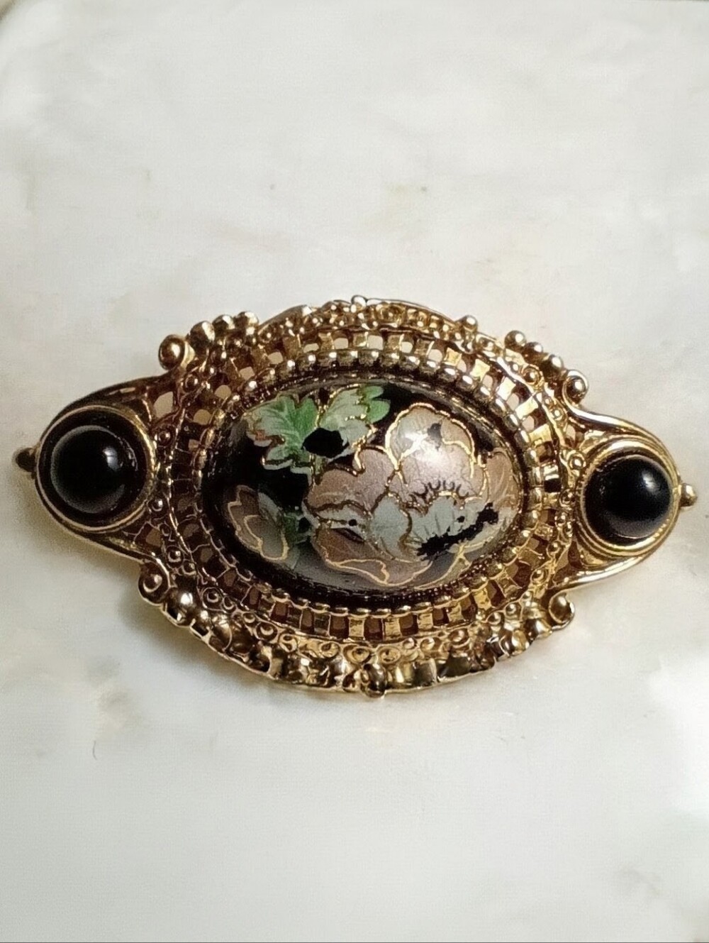 1928 Vintage-inspired Black & Gold Cabachon Bar Pin Floral Accents
